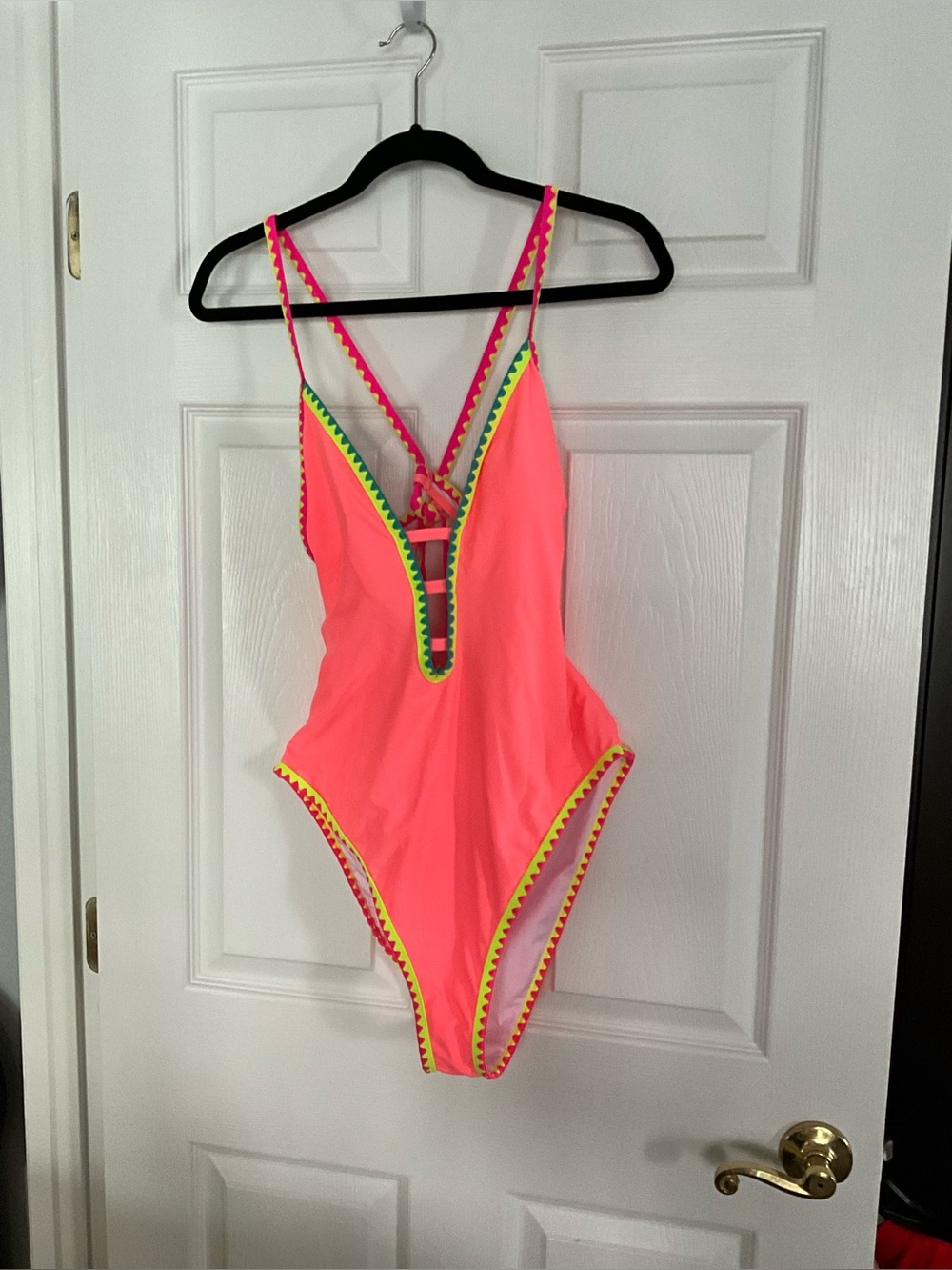 Popvil Neon Coral Plunging One-Piece Swimsuit with Lace-Up Back